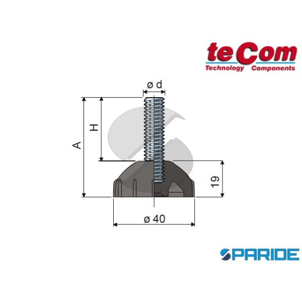 PIEDE FISSO D 40 MM M12X75 4 TECOM ZINCATO