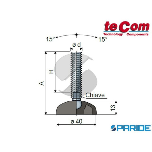 PIEDE SNODATO D 40 MM M10X95 10 TECOM INOX