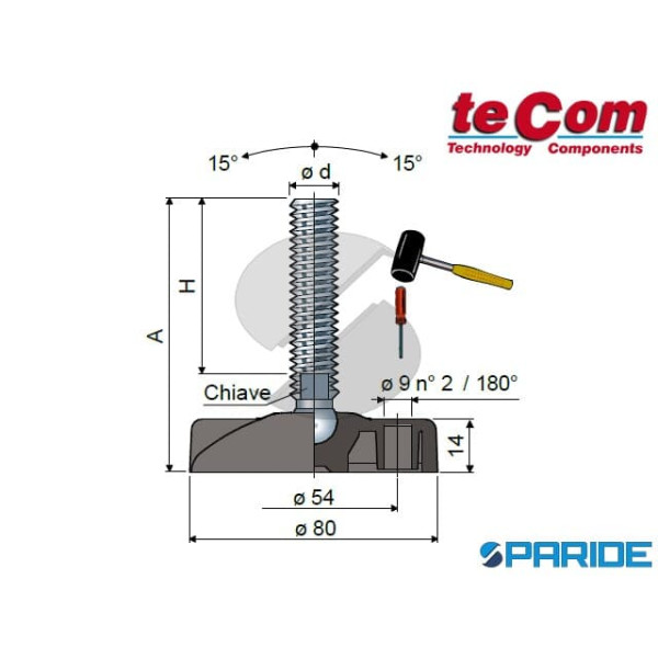 PIEDE SNODATO D 80 MM M10X98 25 TECOM INOX