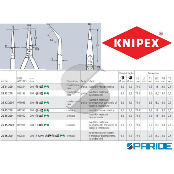 PINZA PER MECCANICA 26 16 200 CON BECCHI MEZZOTONDI CON TRONCHESE KNIPEX