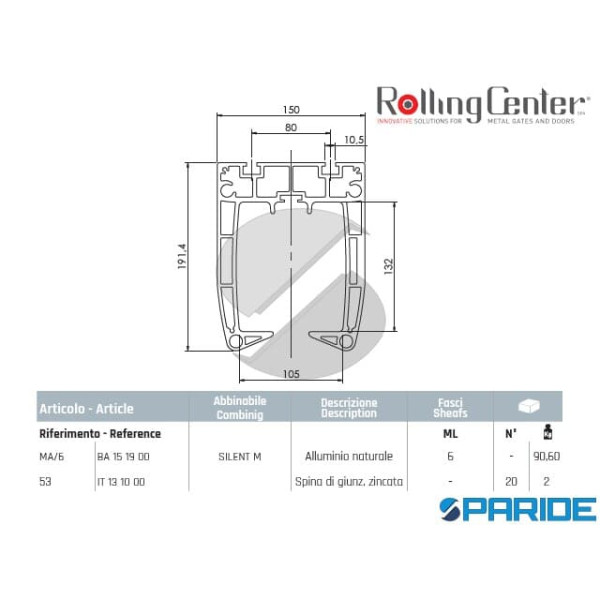 PROFILO ALLUMINIO MA\6 MT 6 PER CARRELLO SILENT M ROLLING CENTER