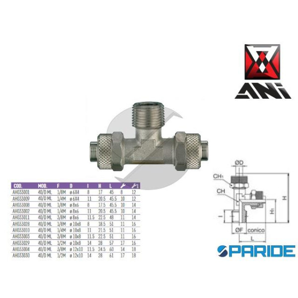 RACCORDO A T 3\8 FILETTATO MASCHIO 40\D MC AH033003 PER TUBO NYLON ANI