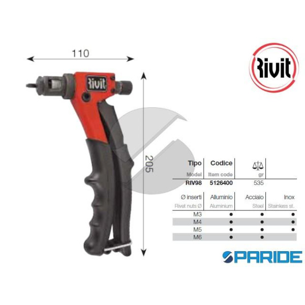 RIVETTATRICE MANUALE PER INSERTI FILETTATI RIV98 R...