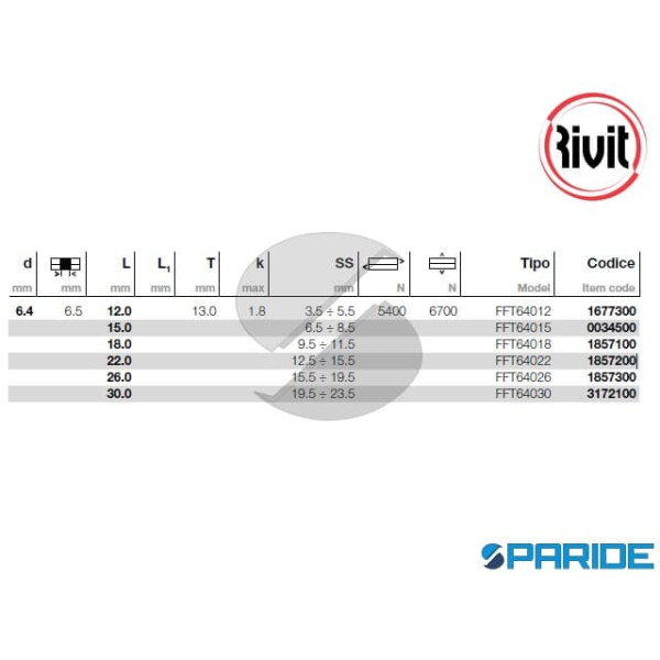 RIVETTO ACCIAIO FFT TT 6,4X22 MM 1857200 RIVIT