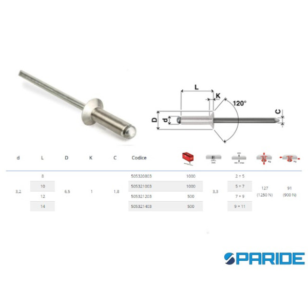 RIVETTO ALLUMINIO TSV 3,2X8 A STRAPPO TESTA SVASAT...