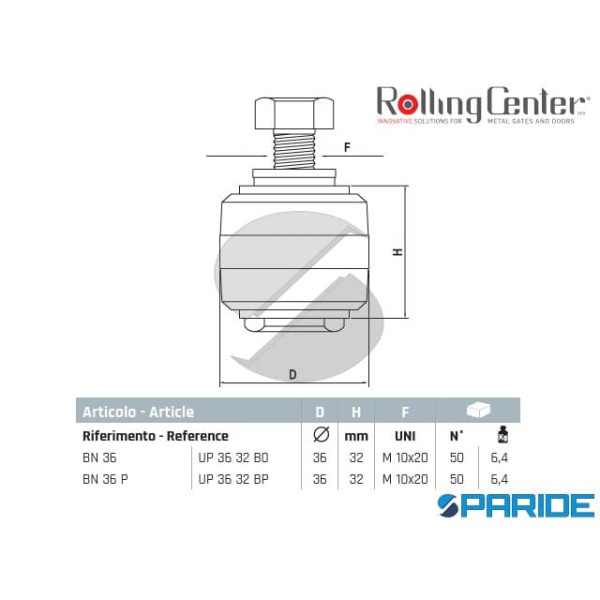 RULLO GUIDA BN36 IN NYLON BOMBATO ROLLING CENTER