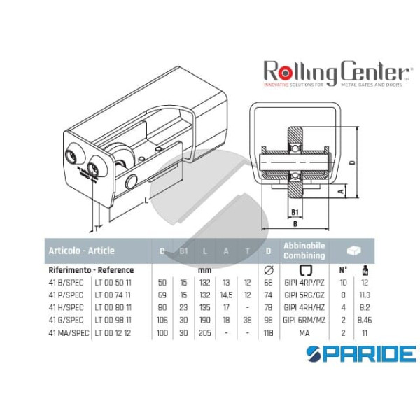 RUOTA DI SOSTEGNO 41 G SPEC CON TAPPO PER CANCELLI AUTOPORTANTI ROLLING CENTER