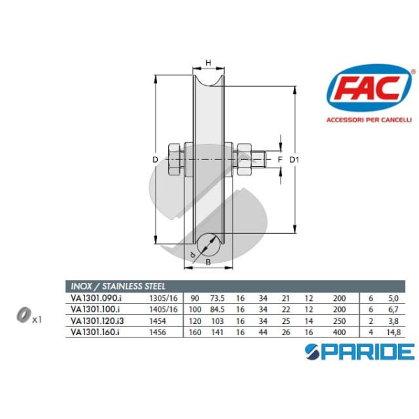 RUOTA GOLA O D 100 INOX CON 1 CUSCINETTO 1405 16FAC VA1301100I