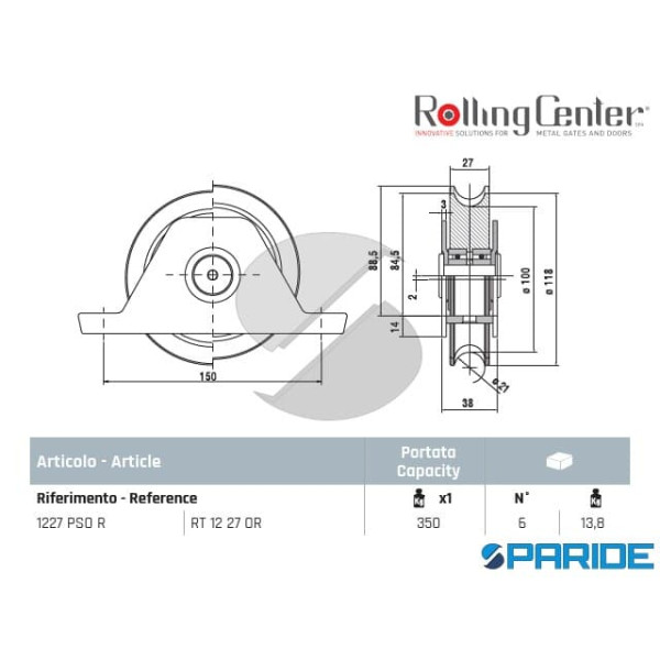 RUOTA GOLA O D 120 1227PSOR CON SUPPORTO REGOLABILE ROLLING CENTER