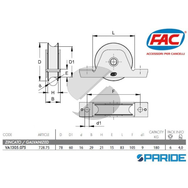 RUOTA GOLA O D 75 CON SUPPORTO 72875 FAC VA1305075