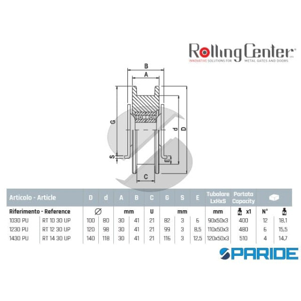 RUOTA GOLA U D 120 1230PU 2 CUSCINETTI ROLLING CENTER PER CANCELLO