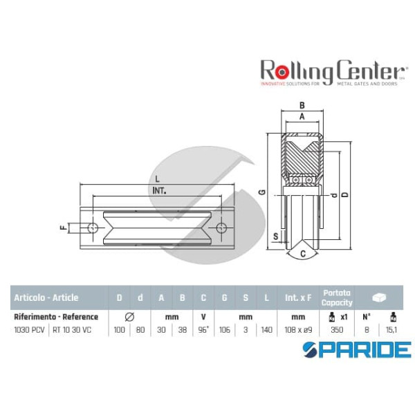RUOTA GOLA V D 100 1030PCV 2 CUSCINETTI ROLLING CENTER PER CANCELLO