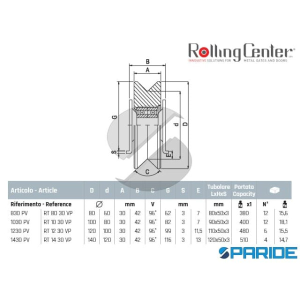 RUOTA GOLA V D 100 1030PV 2 CUSCINETTI ROLLING CENTER PER CANCELLO