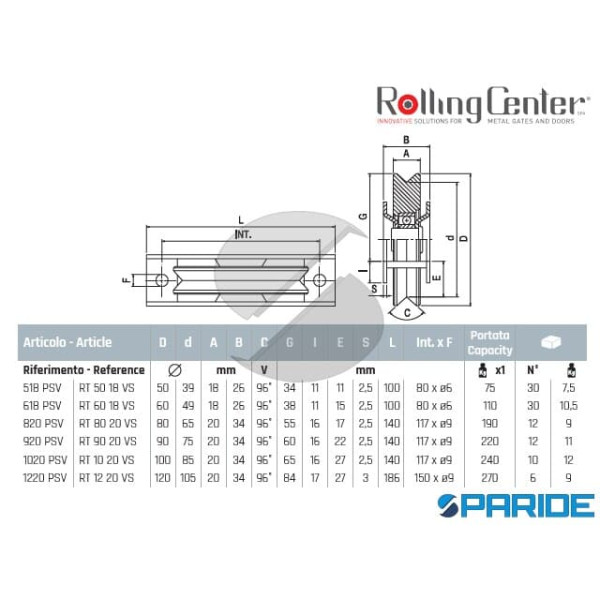 RUOTA GOLA V D 60 618PSV 1 CUSCINETTO ROLLING CENTER PER CANCELLO