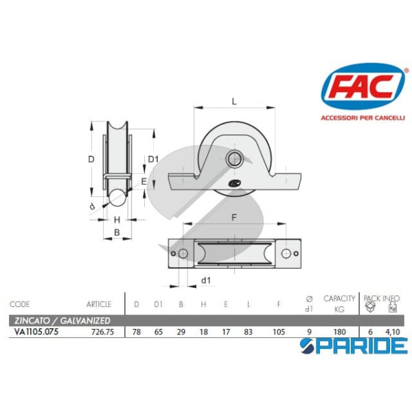 RUOTA GOLA V D 75 CON SUPPORTO 72675 FAC VA1105075 1 CUSCINETTO