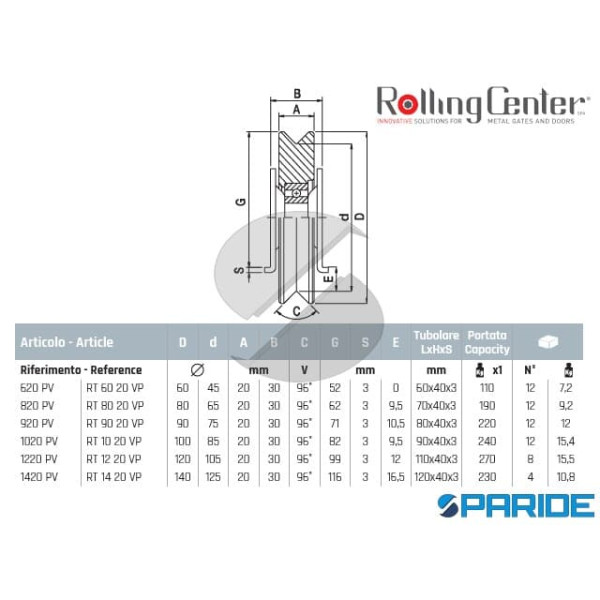 RUOTA GOLA V D 80 820PV 1 CUSCINETTO ROLLING  CENTER PER CANCELLO