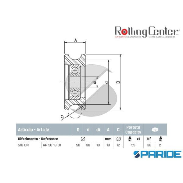 RUOTA IN NYLON GOLA O D 50 518ON ROLLING CENTER PER CANCELLO