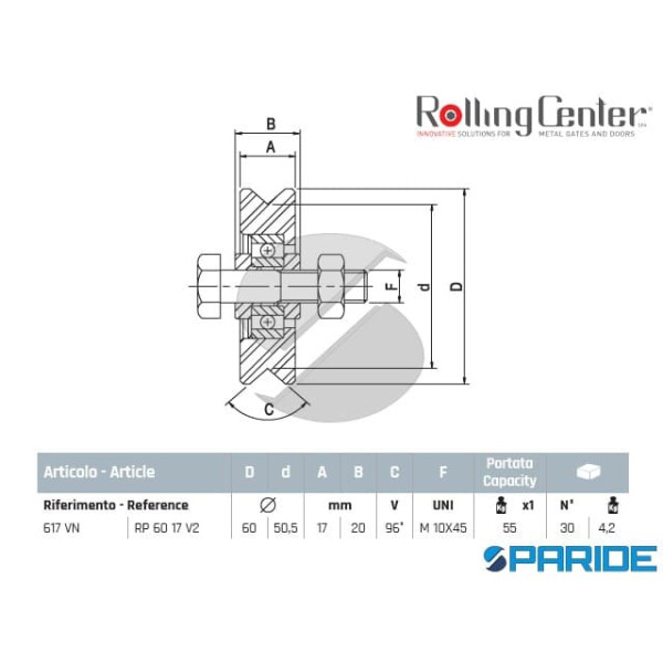 RUOTA IN NYLON GOLA V D 60 617VN ROLLING CENTER PER CANCELLO
