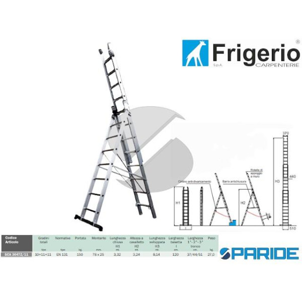 SCALA MULTIUSO IN ALLUMINIO 3047Z\11 A 3 TRONCHI 10+11+11 GRADINI 150 KG FRIGERIO