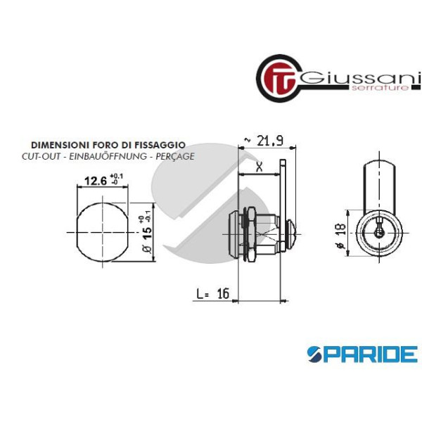 SERRATURA A CILINDRO BOX D 15 MM L 16 MM GIUSSSANI UNIVERSALE PER CASELLARI POSTALI