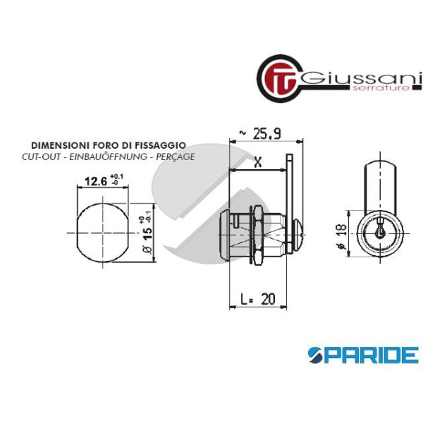 SERRATURA A CILINDRO BOX D 15 MM L 20 MM GIUSSSANI UNIVERSALE PER CASELLARI POSTALI