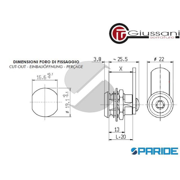 SERRATURA A CILINDRO BOX TRIANGOLO 6,5 L 20 MM GIUSSANI UNIVERSALE PER QUADRI ELETTRICI