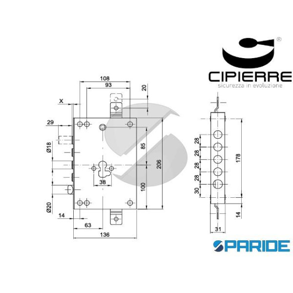 SERRATURA APPLICARE E 63 I28 SP3 SL128\60\AB CIPIERRE SOFTLOCK TRIPLICE AD INGRANAGGI