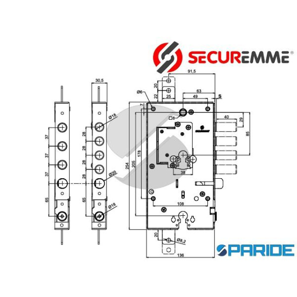 SERRATURA APPLICARE E 63 I37 SP6 SX 254 TRIPLCE DOPPIO CILINDRO 2541SCR0637CXX SECUREMME