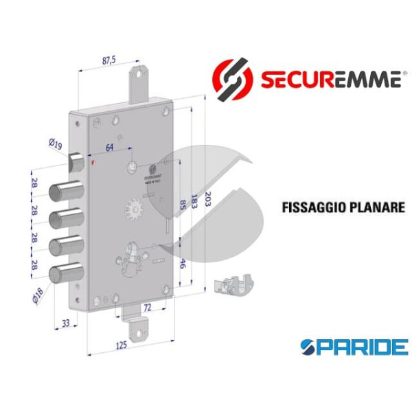 SERRATURA APPLICARE E 64 I 28 SP 3 BASIC GEAR 165C TRIPLICE INGRANAGGI SECUREMME
