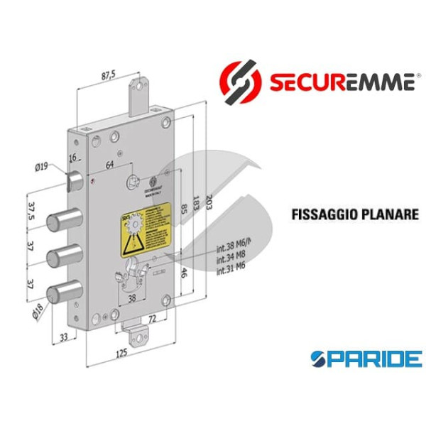 SERRATURA APPLICARE E 64 I 37 SP 3 BASIC GEAR 165C TRIPLICE INGRANAGGI SECUREMME