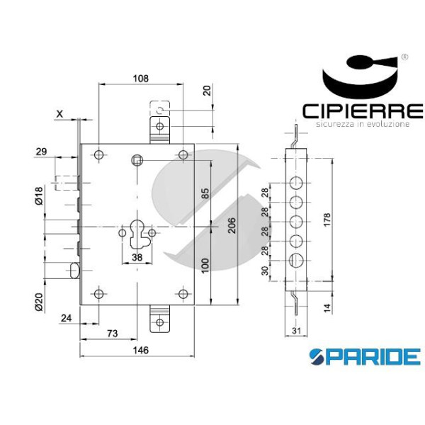 SERRATURA APPLICARE E 73 I28 SP3 SL128\70 CIPIERRE SOFTLOCK TRIPLICE AD INGRANAGGI