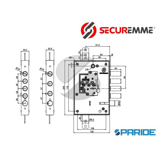 SERRATURA APPLICARE SECURMAP E 63 I37 SP3 SX 250 TRIPLICE 5+1 CH 2501SCR0337S57 SECUREMME