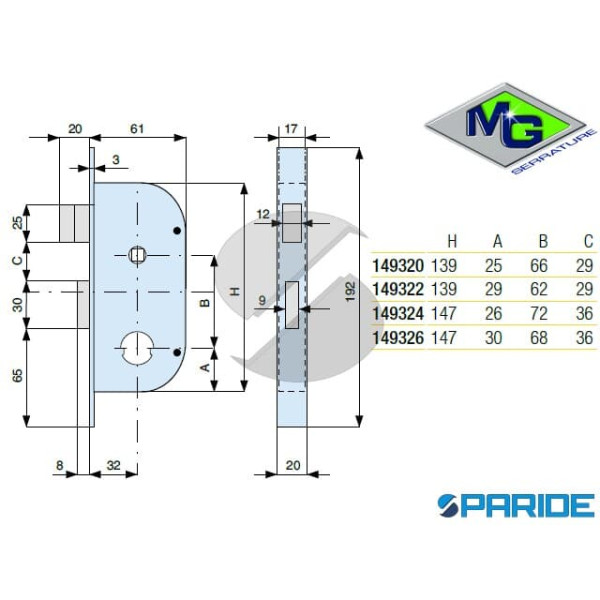 SERRATURA CANCELLO E 32 149324000 MG INFILARE CON CILINDRO D 26 MM