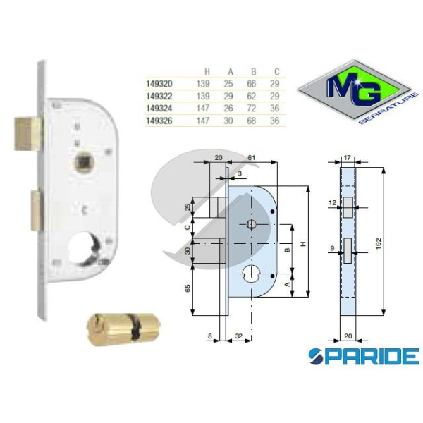 SERRATURA CANCELLO E 32 149326000 MG INFILARE CON CILINDRO D 22 MM
