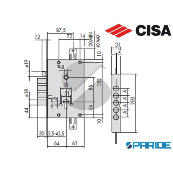 SERRATURA DOPPIA MAPPA E 64 57517 38 CISA SP 43,5 MM APPLICARE TRIPLICE