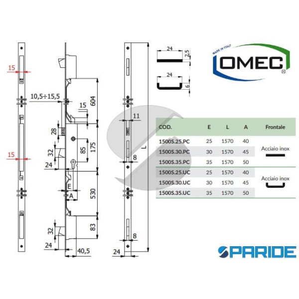 SERRATURA INFILARE E 30 1500S30PL F24 PIATTO OMEC MULTIPUNTO PER MONTANTI