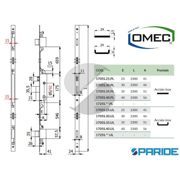 SERRATURA INFILARE E 30 1705S30PL F 24 PIATTO OMEC MULTIPUNTO INGRANAGGI MONTANTI