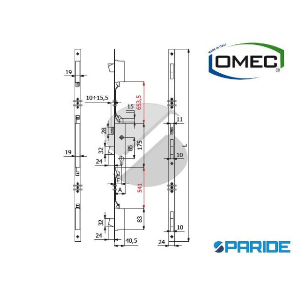 SERRATURA INFILARE E 30 350030UL F 24 A U OMEC MULTIPUNTO MONTANTI 3 CATENACCI E SCROCCO