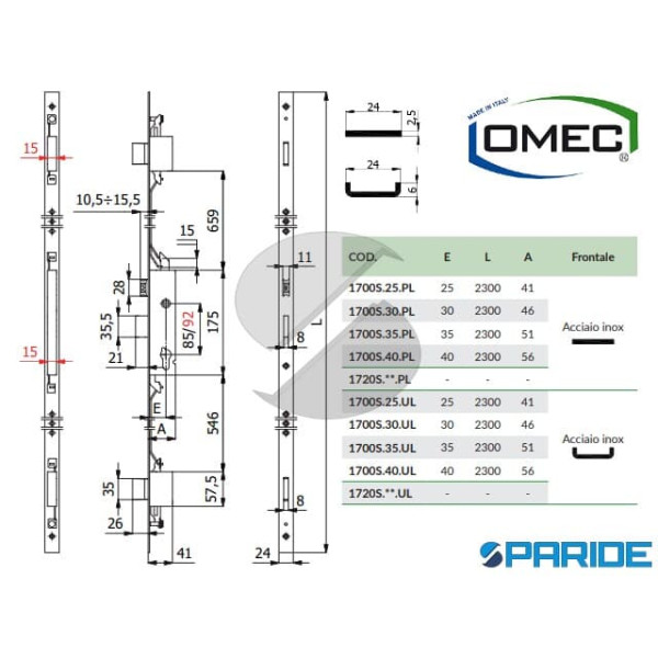 SERRATURA INFILARE E 40 1700S40PL F 24 PIATTO OMEC MULTIPUNTO INGRANAGGI MONTANTI