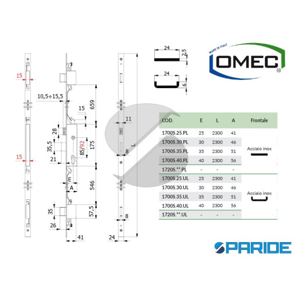 SERRATURA INFILARE E 40 1700S40UL F 24 A U OMEC MULTIPUNTO INGRANAGGI MONTANTI