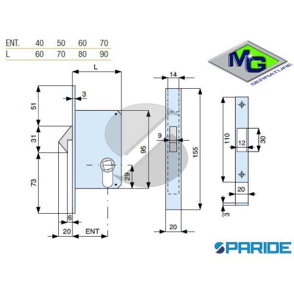 SERRATURA INFILARE E 40 553402AL0 MG GANCIO RIENTRANTE PER SCORREVOLI