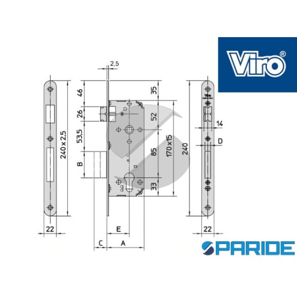 SERRATURA INFILARE E 60 F 22 7435 VIRO CILINDRO BORDO TONDO OTTONE