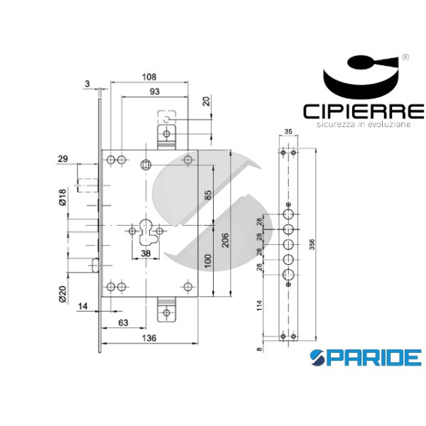 SERRATURA INFILARE E 63 I28 SL128\60\AB\I CIPIERRE SOFTLOCK TRIPLICE AD INGRANAGGI
