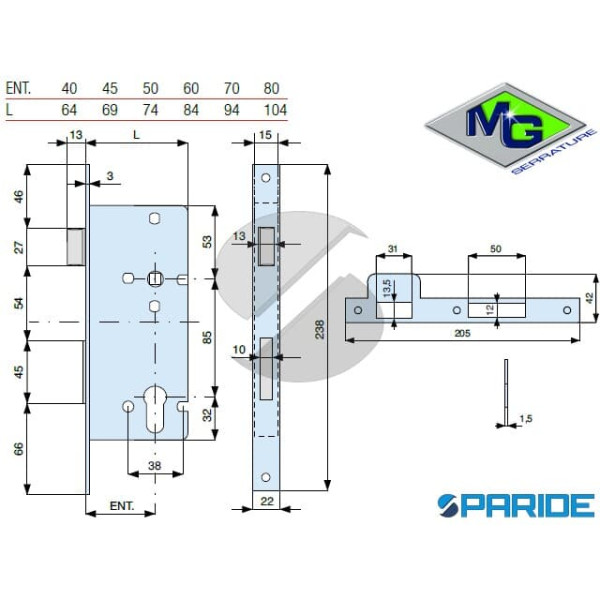 SERRATURA INFILARE E 80 740802AL1 MG B QUADRO OTTONE