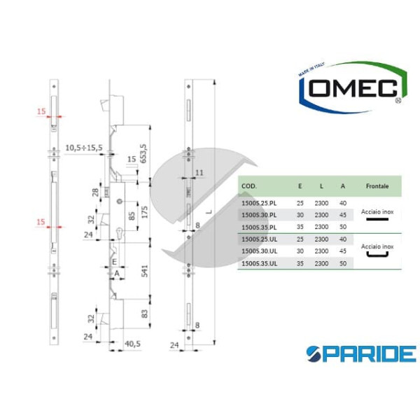 SERRATURA INFILARE E 35 1500S35UL F 24 A U OMEC MULTIPUNTO PER MONTANTI