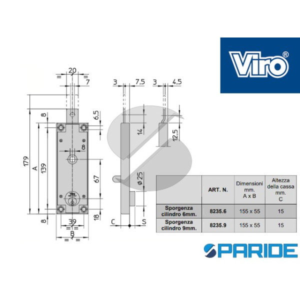 SERRATURA PER PORTE BASCULANTI 8235.6 VIRO CON CHIAVE A PROFILO SIMMETRICO