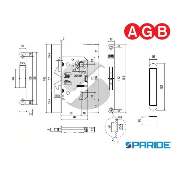 SERRATURA SCIVOLA TT E 50 16X168 B067715003 AGB QUADRO MANIGLIA E CHIAVE OTTONE