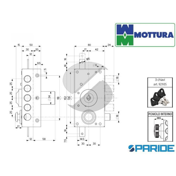 SERRATURA TRIPLICE L 50 30427VD50X DX MOTTURA CON CILINDRO POMPA E POMOLO