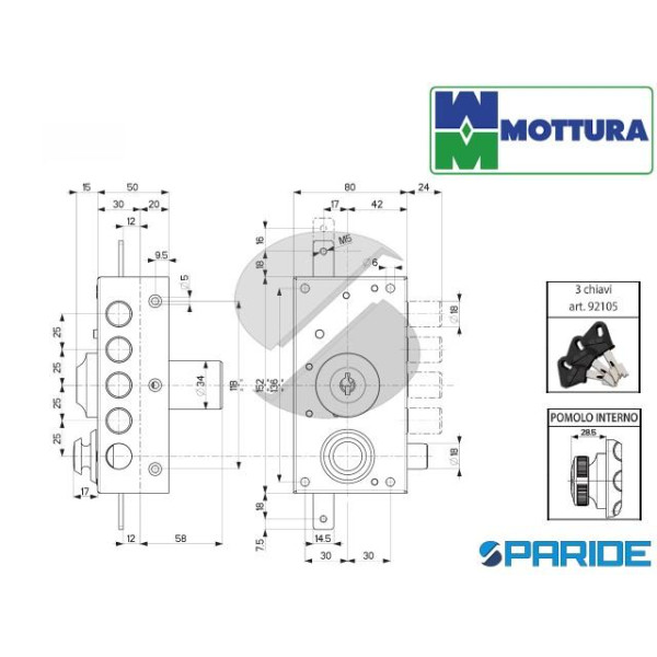 SERRATURA TRIPLICE L 50 30437VD50X DX MOTTURA CON CILINDRO POMPA E POMOLO