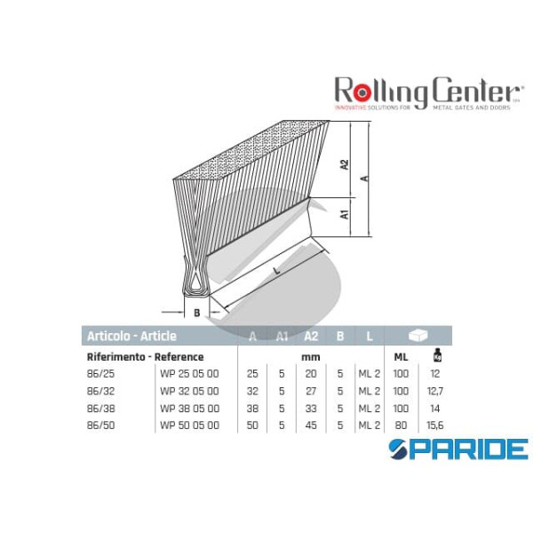 SPAZZOLINO PER PORTONI 86\50 L 2000 MM SCORREVOLI ROLLING CENTER